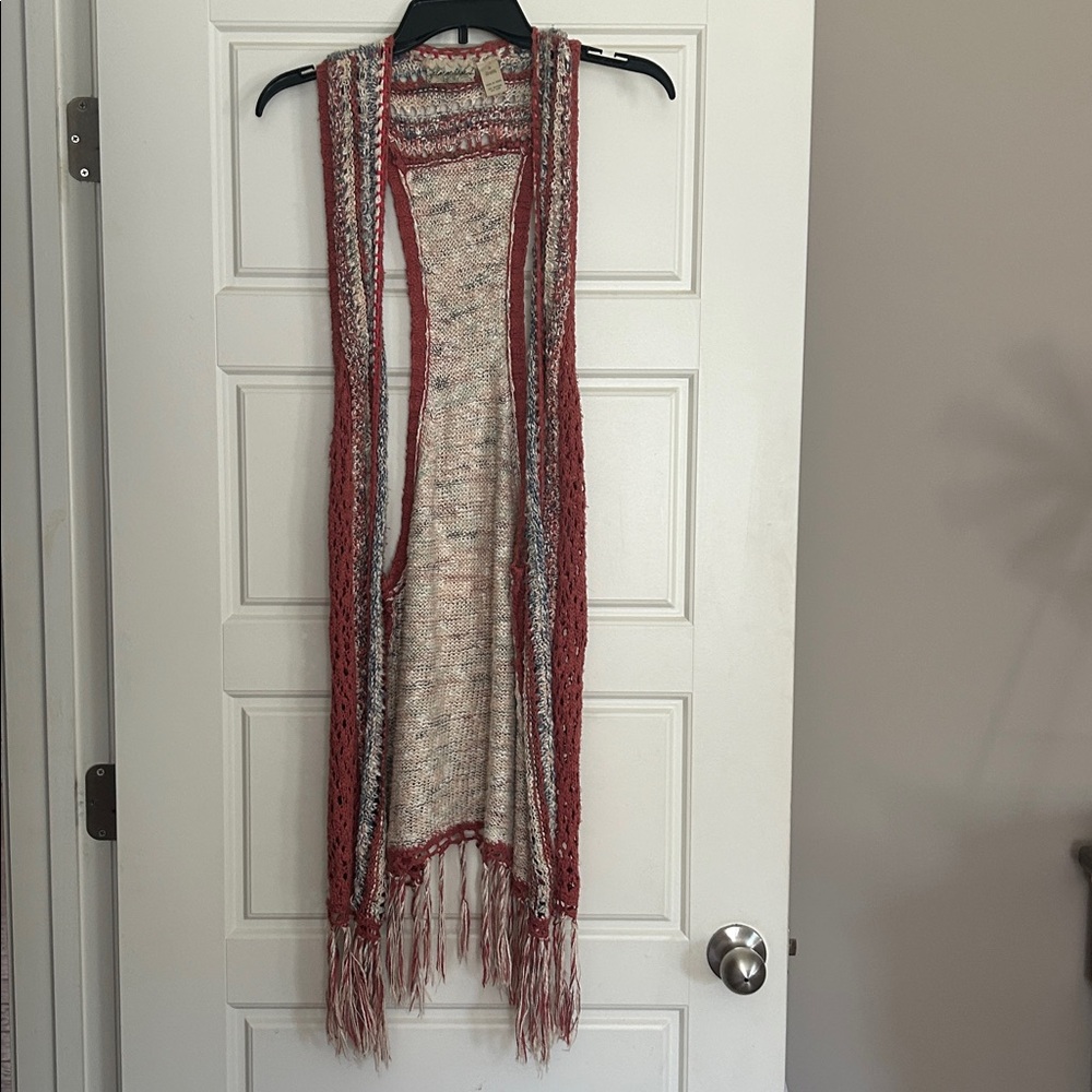 Red and Cream Knit Fringe Vest